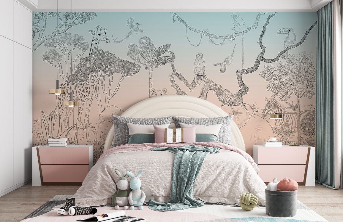 Papier peint mural animaux esquissés dans une chambre d’enfant avec lit blanc et meubles roses