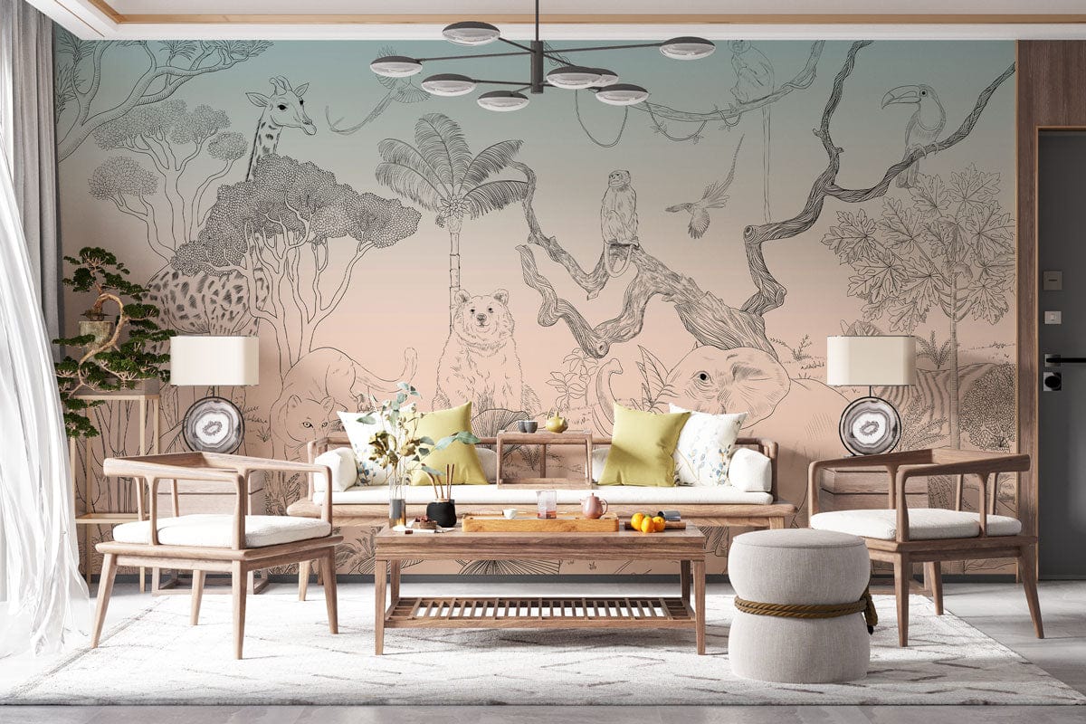 Papier peint mural animaux esquissés avec scène de salon safari pour décoration intérieure