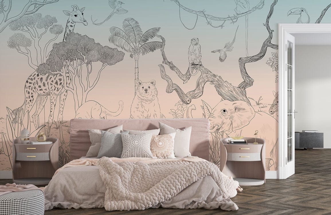 Photo d un lit avec tête de lit rose et literie, dans le papier peint mural animaux esquissés