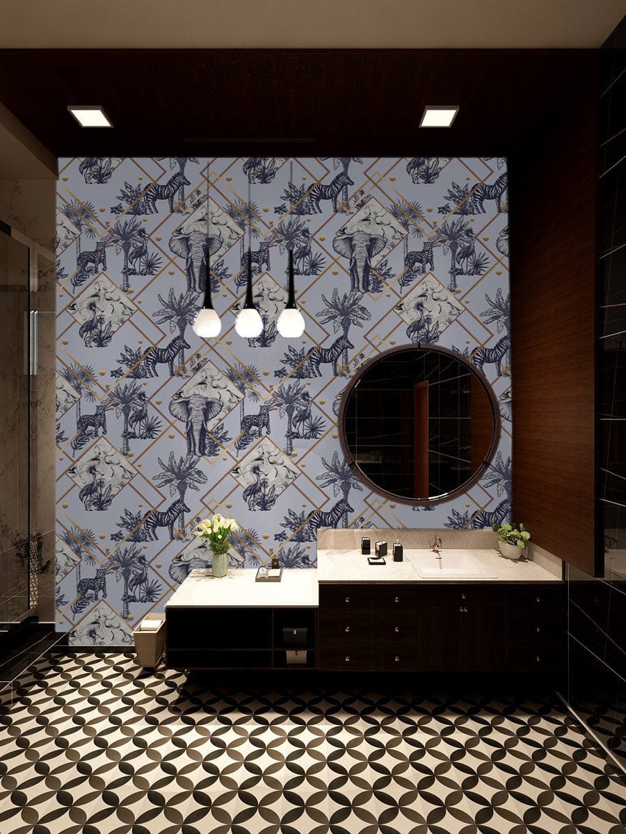 Peinture murale animaux tropicaux avec papier peint mural à motifs dans la salle de bain