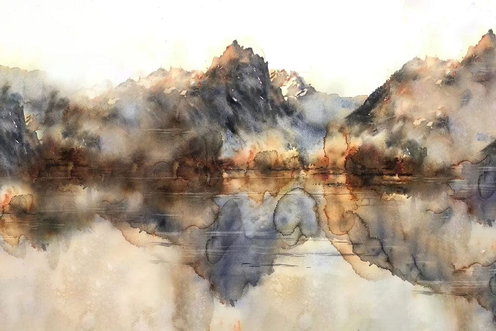 Peint mural aquarelle abstraite de montagnes reflétées dans un lac, papier peint mural