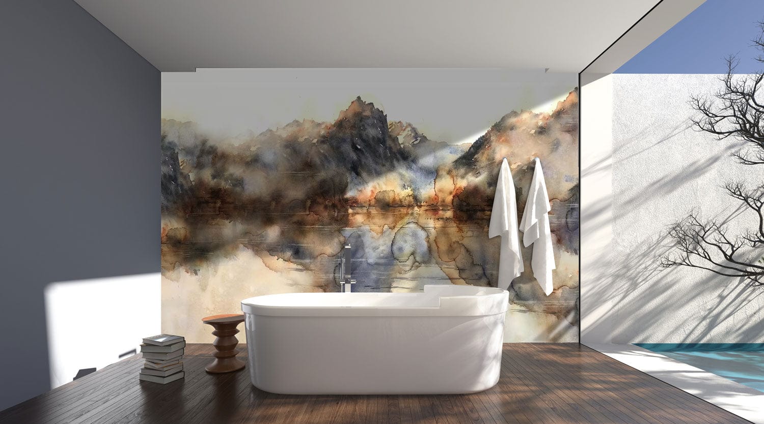 Baignoire moderne blanche avec papier peint mural aquarelle abstraite de montagne