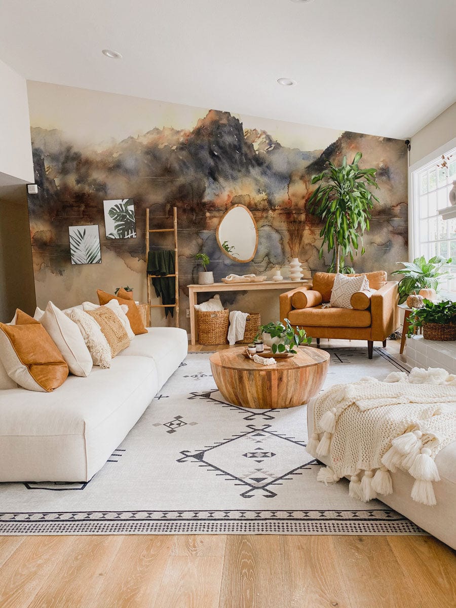 Peint mural aquarelle abstraite de montagne dans un salon moderne avec esthétique naturelle