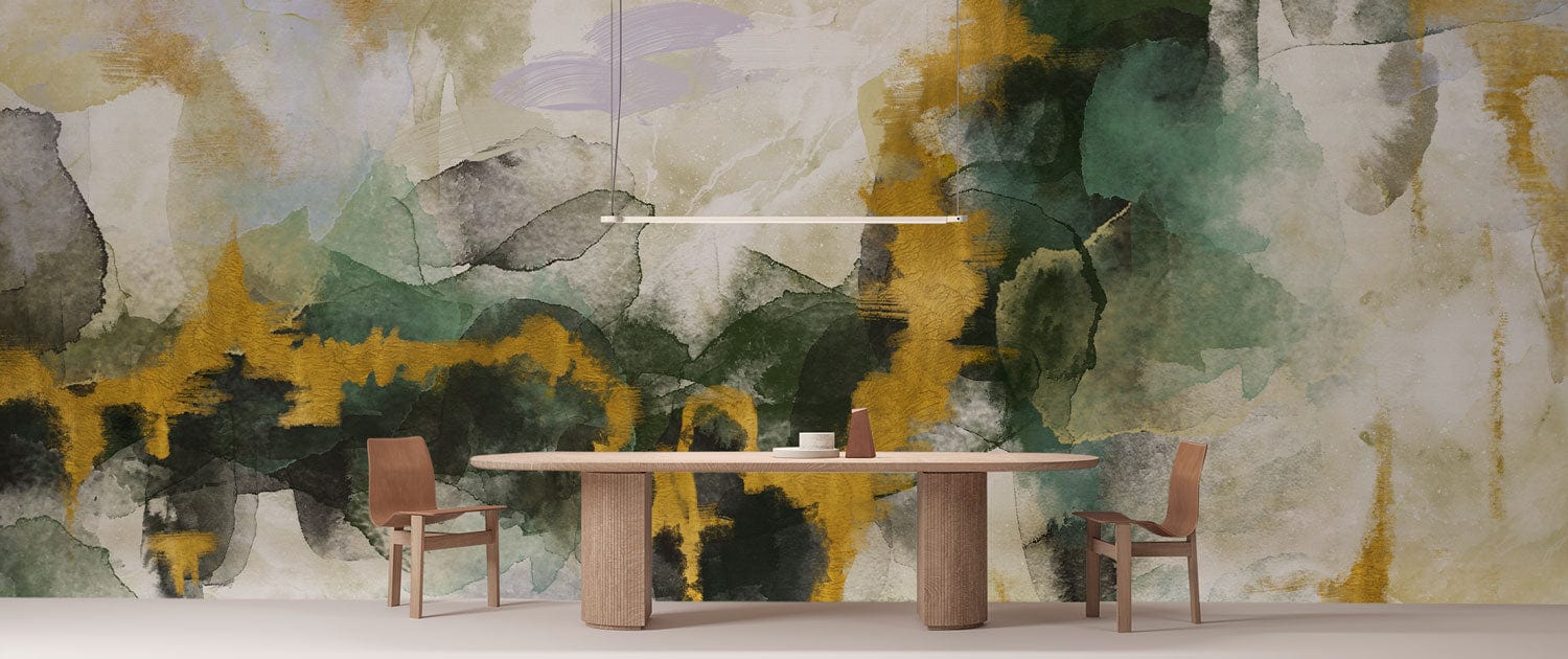 Table de salle à manger moderne avec deux chaises, idéale pour une peinture murale aquarelle