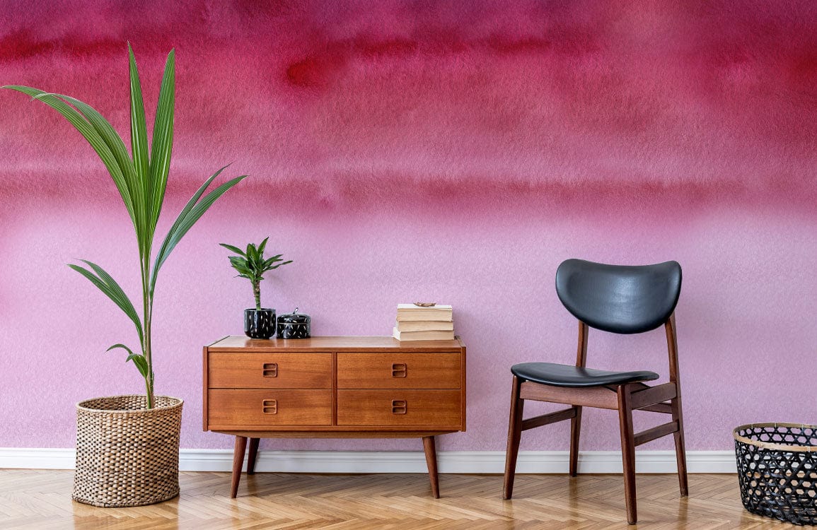 Dresser en bois style mid-century avec papier peint mural aquarelle abstraite