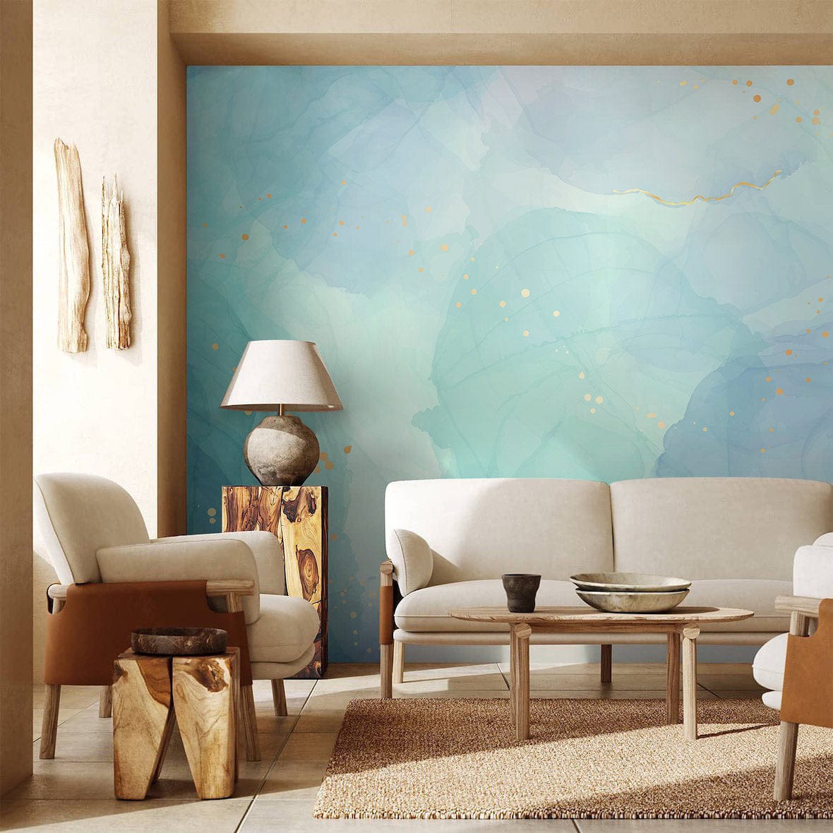 Peint mural aquarelle bleu et vert dans un salon moderne, mural aquarelle élégant