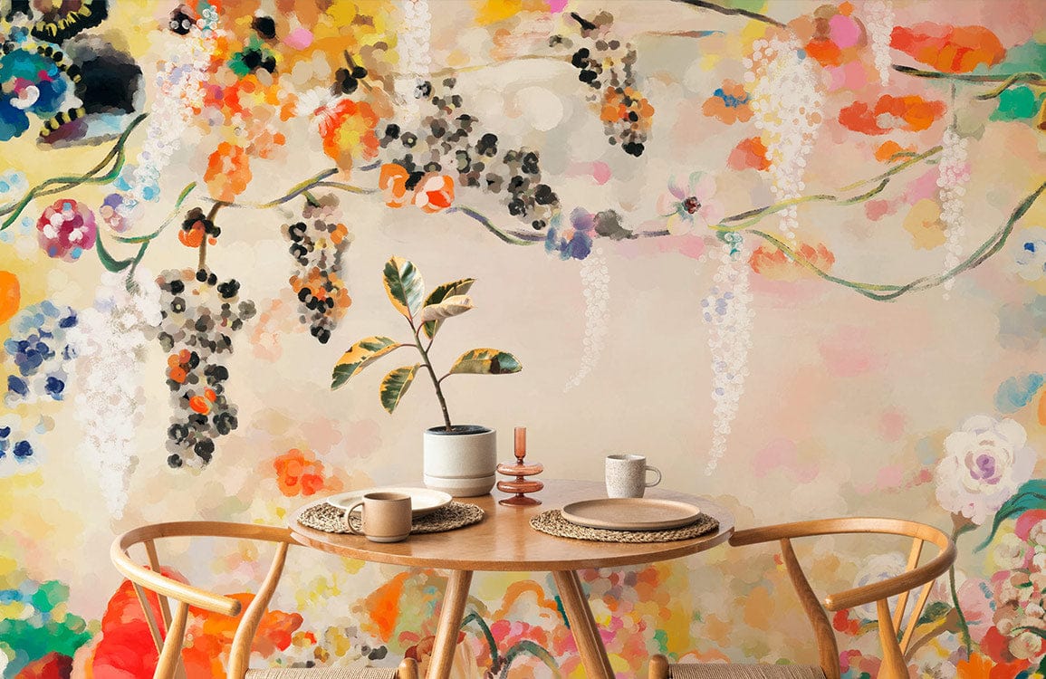 Table rond en bois avec décor mural aquarelle de fleurs du monde, idéal pour votre intérieur