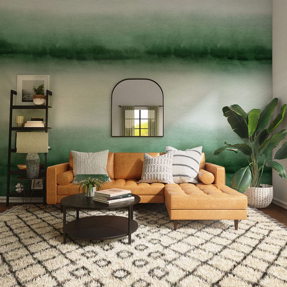 Canapé sectionnel en cuir caramel tufté avec chaise longue, idéal pour un peint mural aquarelle