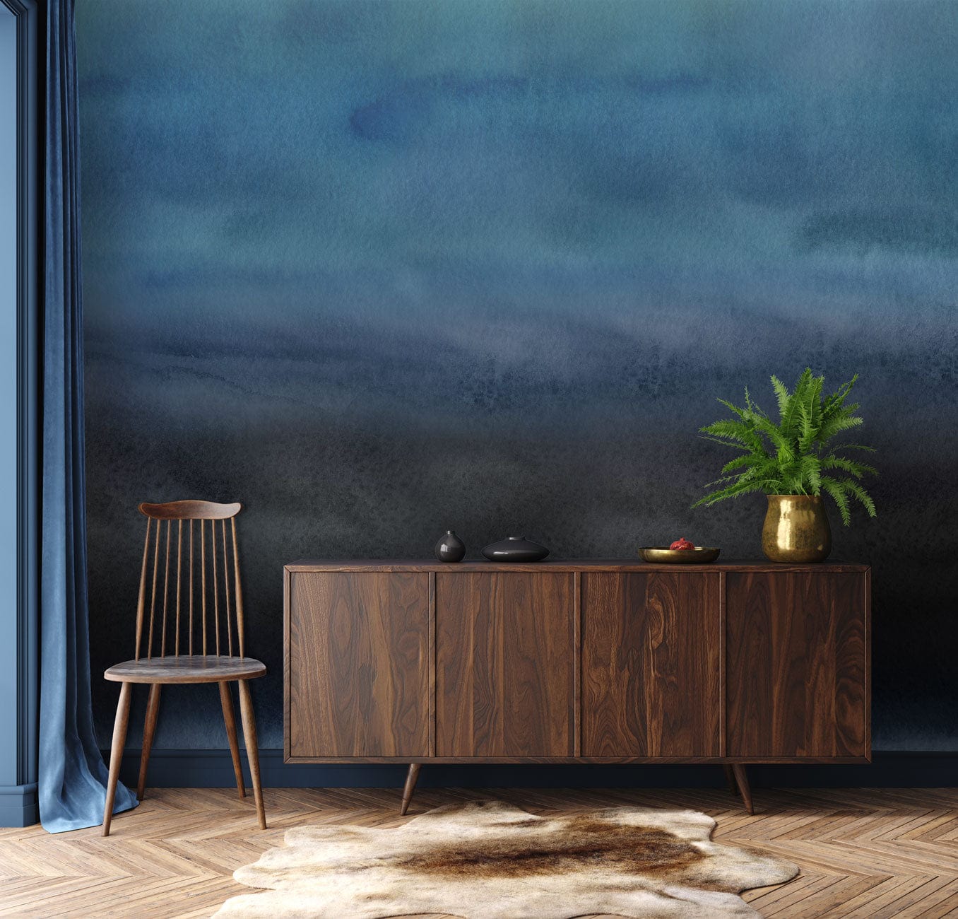 Photographie d’un meuble en bois foncé avec un design à lames, idéal pour un peint mural aquarelle