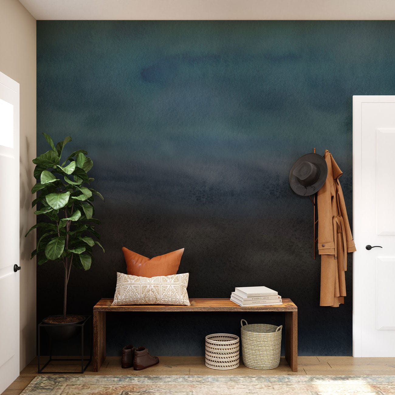 Photo d’un banc en bois foncé avec coussins et paniers, parfait pour un peint mural aquarelle