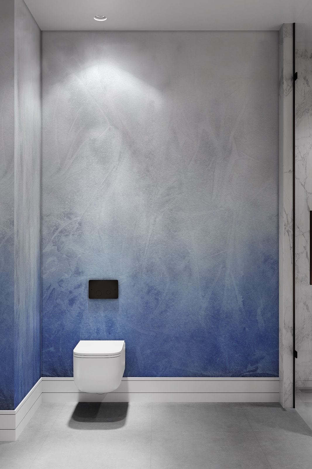 Toilettes suspendues avec bassin rectangulaire dans le papier peint mural aquarelle ombre bleu