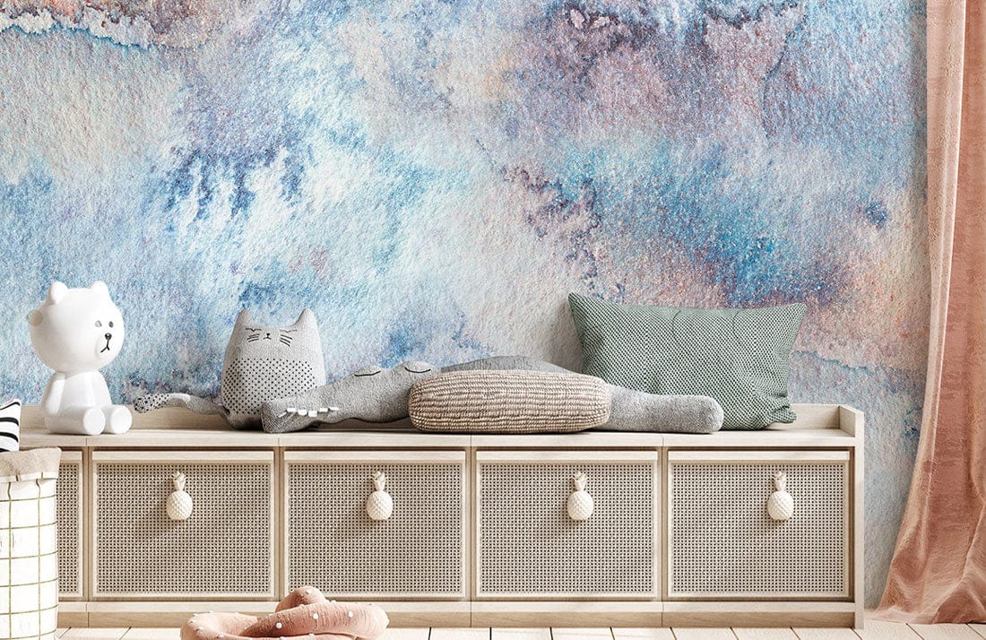 Banquette de rangement en bois clair avec tiroirs en tissu mural aquarelle vague
