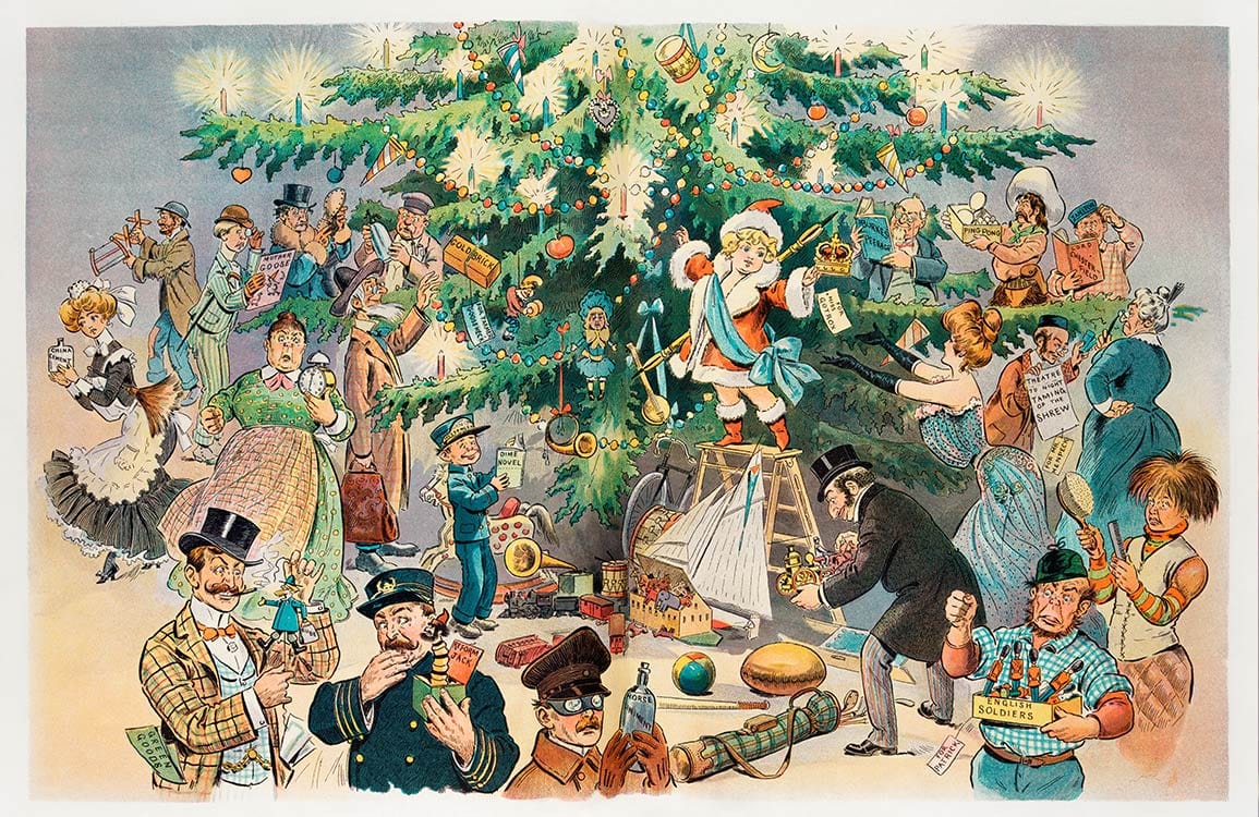 Papier peint mural Arbre de Noël avec ornaments et personnages pour une déco festive