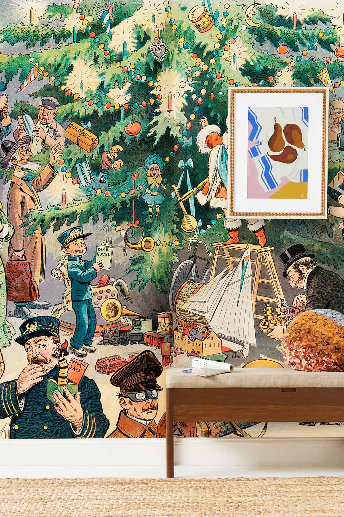 Papier peint mural arbre de Noël vintage avec personnages et jouets pour décoration festive