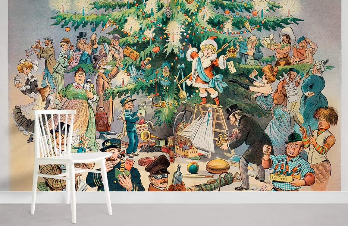 Peint mural arbre de Noël vintage avec personnages cartoon et cadeaux, papier peint mural festif