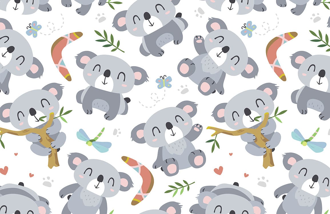 Papier peint mural arbre avec koalas, eucalyptus, boomerangs, papillons et libellules