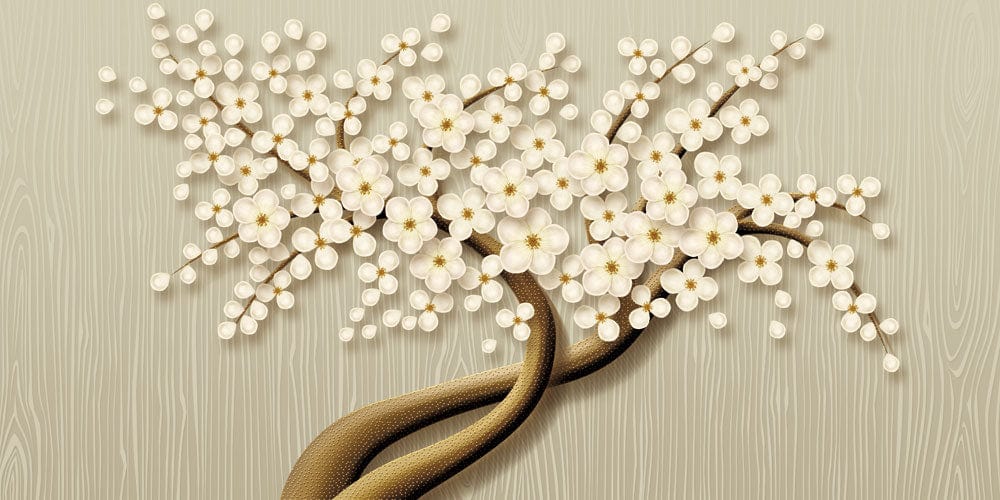 Peinture murale arbre fleuri avec fleurs blanches sur fond bois pour papier peint mural