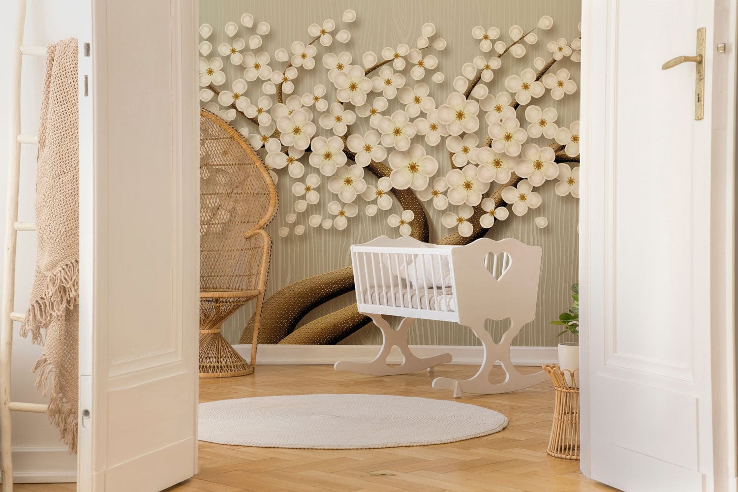 Crib en bois blanc avec cœurs, idéal pour peinture murale arbre fleuri ou mural arbre fleuri
