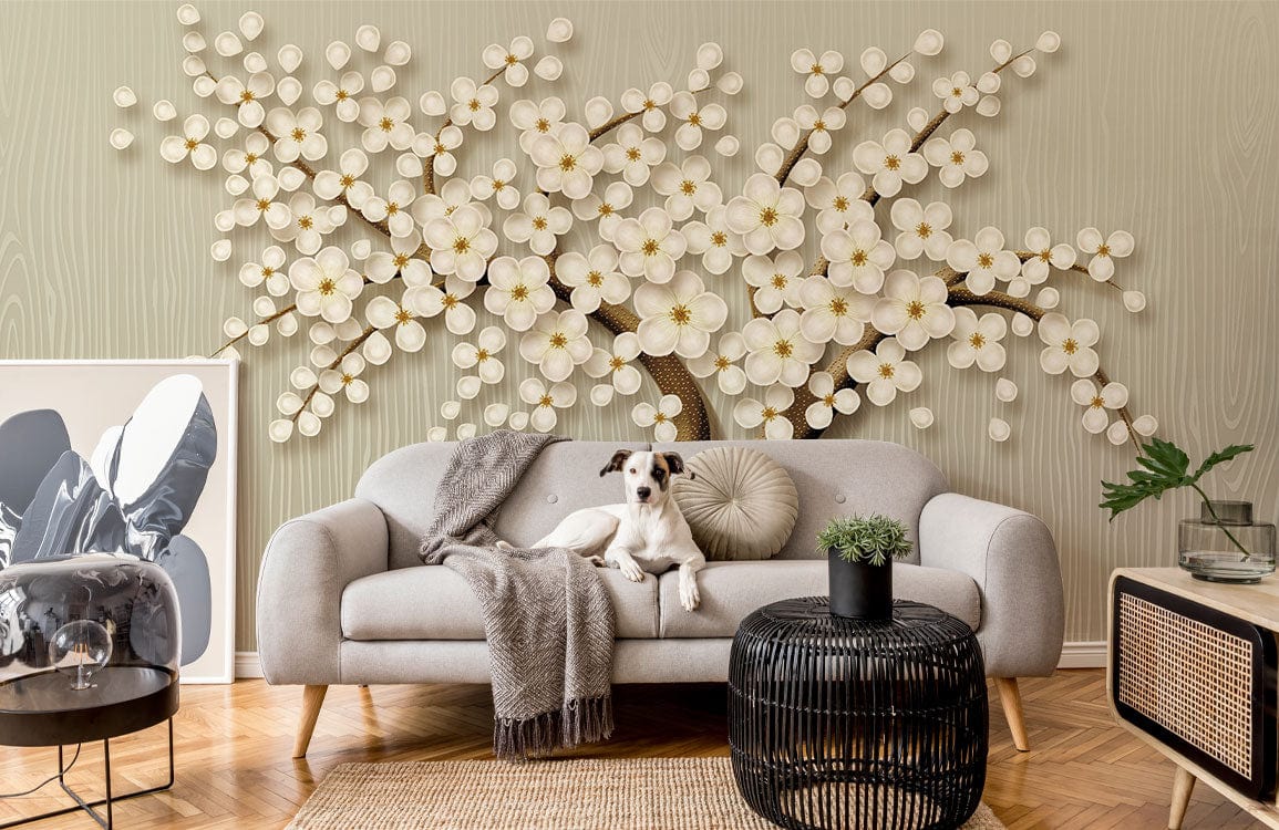 Sofa gris clair avec chien blanc et couverture gris, mural arbre fleuri pour décoration intérieure