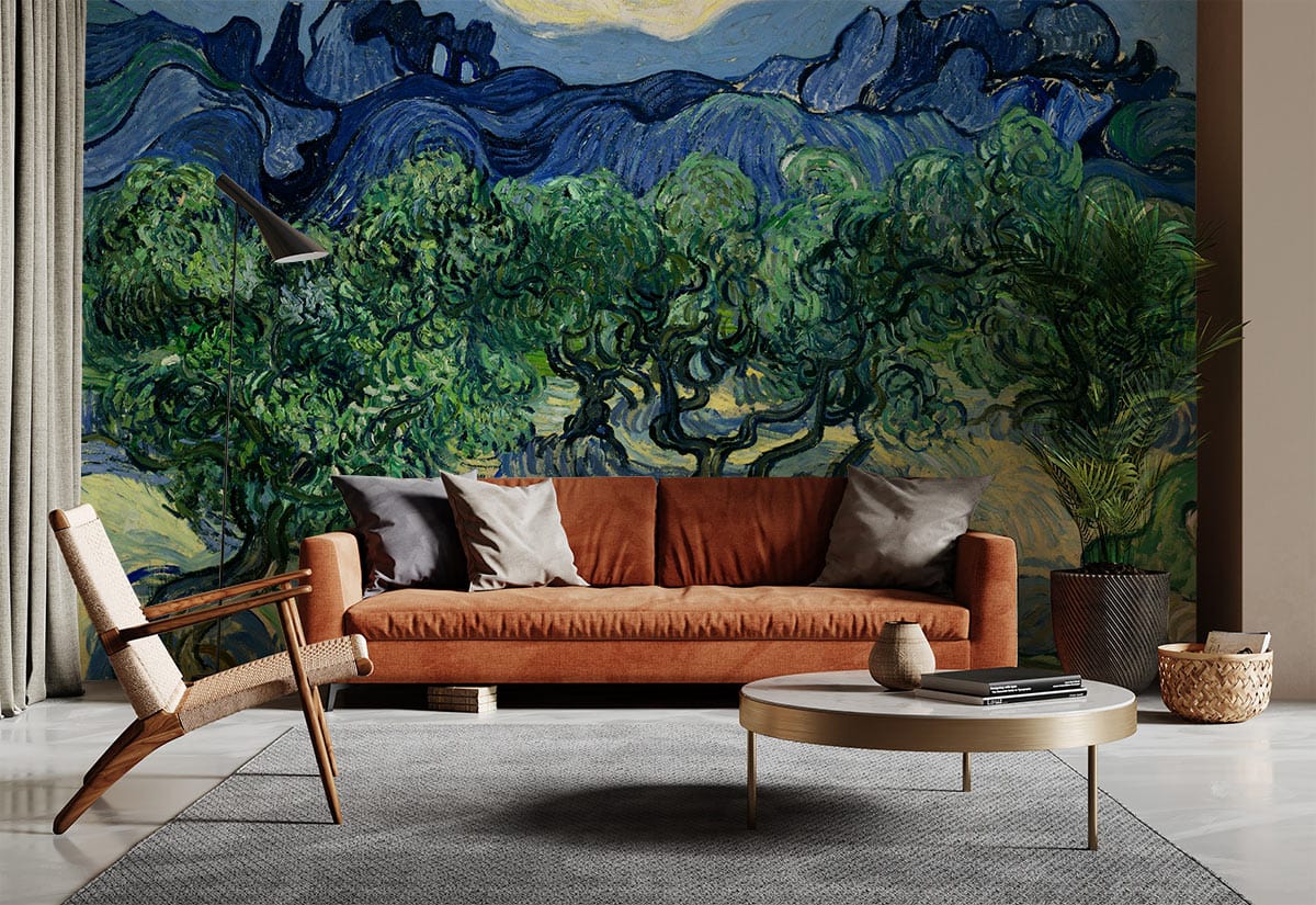 Canapé trois places rustique avec coussins, dans le papier peint mural Arbres d’Oliviers
