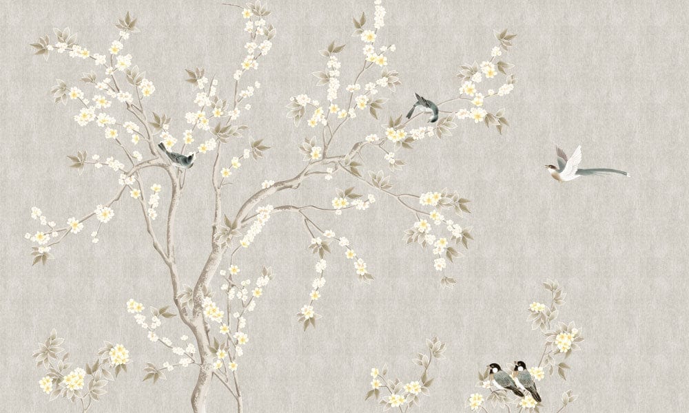 Papier peint mural Arôme de Branche avec motif botanique et aviaire en gris, blanc et jaune pâle
