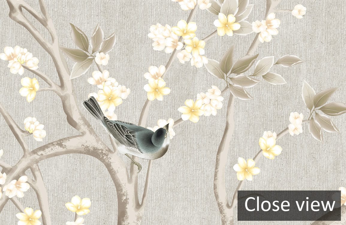 Papier peint mural Arôme de Branche avec motif de oiseau et branche en fleurs