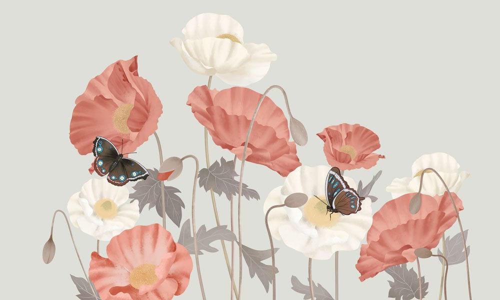 Papier peint mural avec arrangement de pavots blancs et corail, murale arôme florale