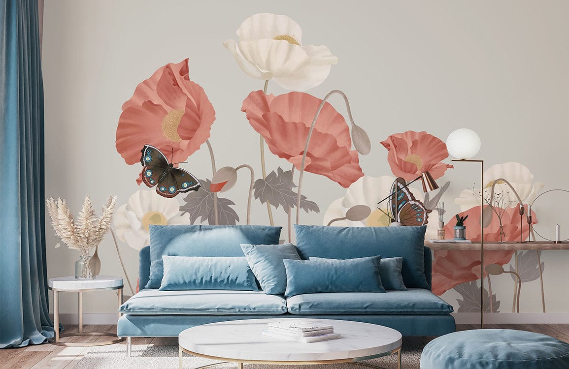Sofa sectionnel en velours bleu avec coussins, dans un papier peint mural Arôme de Fleuraison