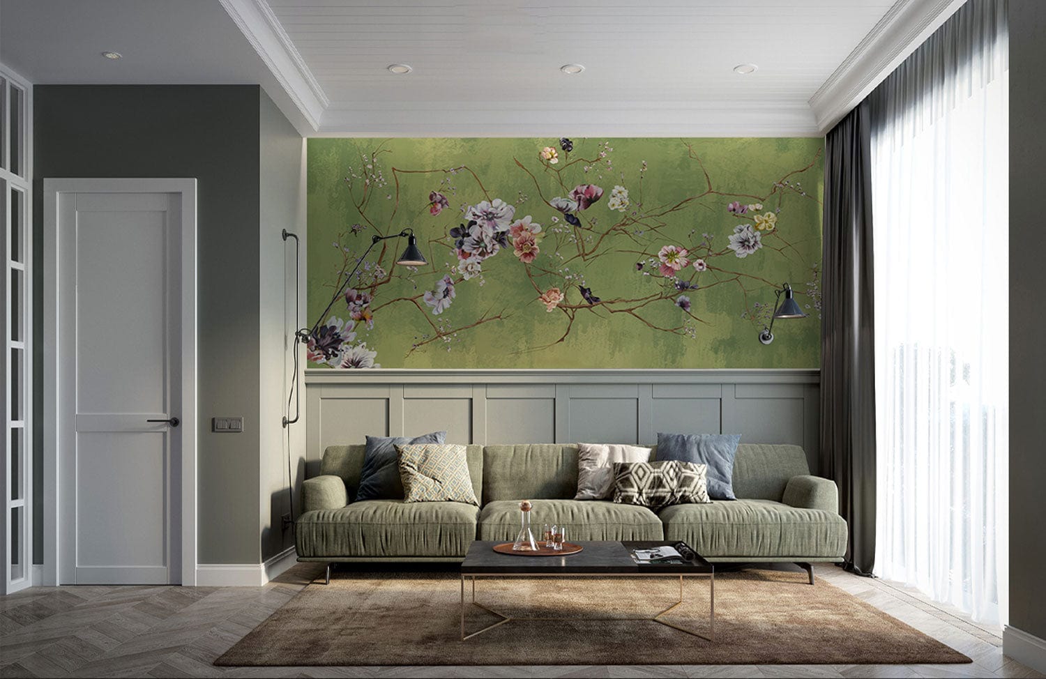 Sofa sectionnel vert avec coussins décoratifs, parfait pour un décor mural fleuri