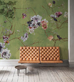 Murals fleuris velours vert et lits jumeaux décor mural poétique - Vignette | Mr Papier Peint