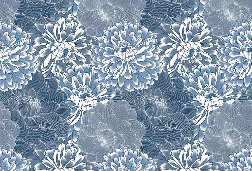 Seamless floral pattern with blue and white dahlias for papier peint mural artistique