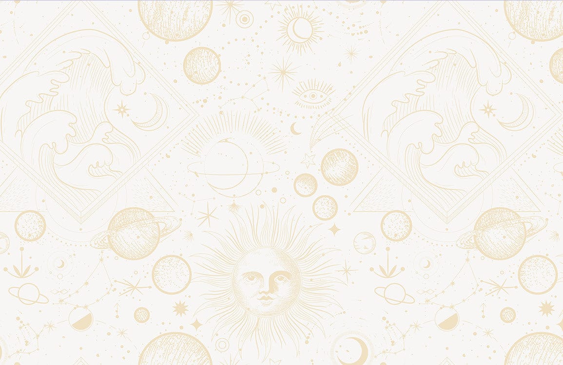 Papier peint mural astrologie avec soleil, lune, étoiles et planètes pour décoration astrale