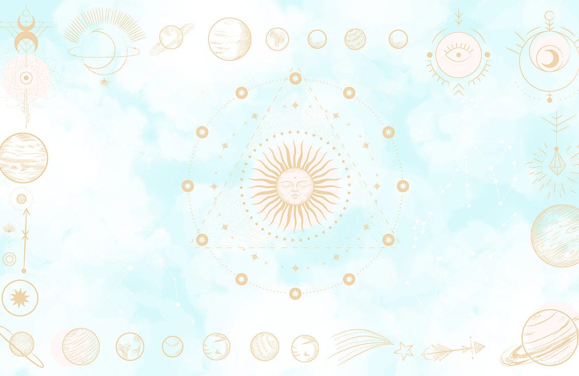 Détail de la peinture murale astrologie avec soleil et bordure céleste sur fond bleu pâle