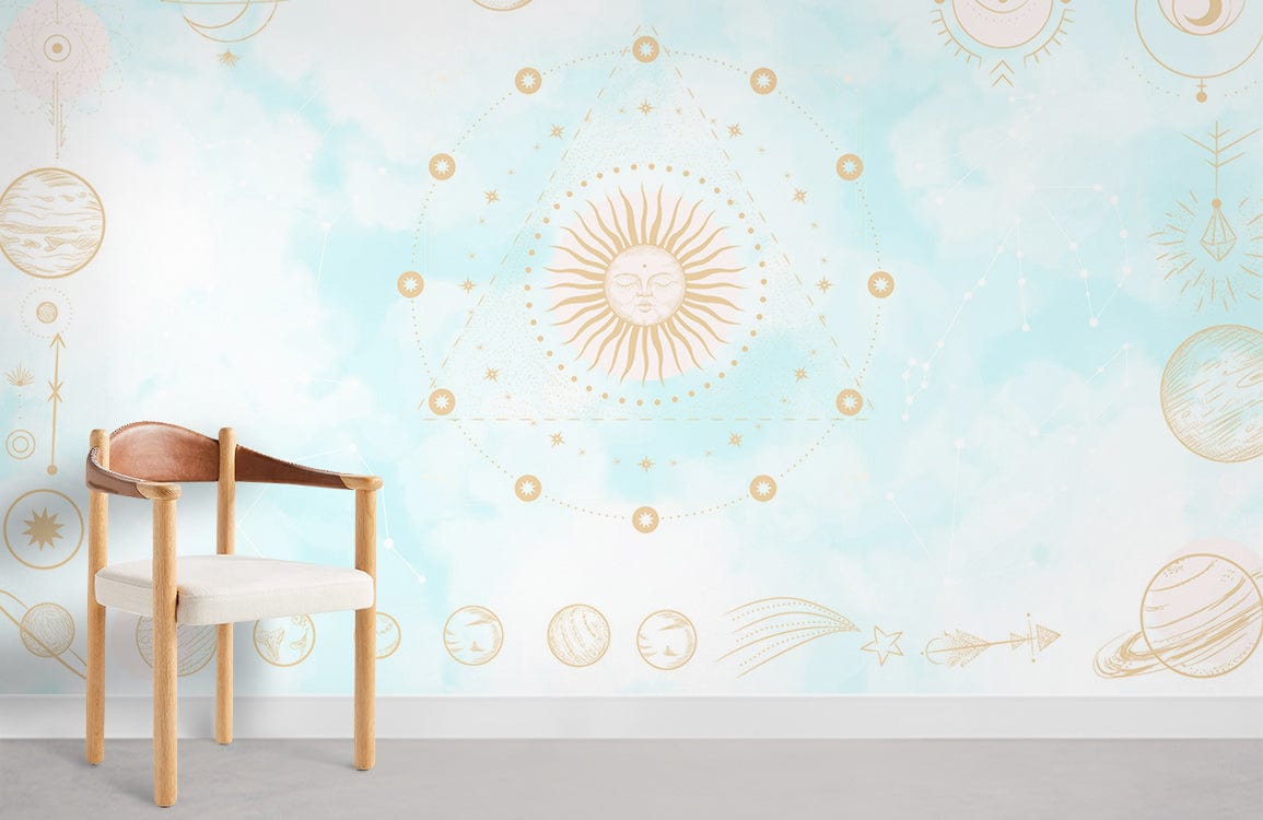 Chaise en bois clair avec siège rembourré blanc sur mural astrologie bleue peinture murale astrologie
