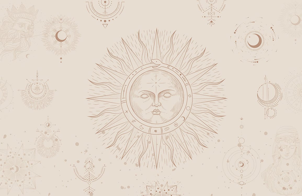 Peinture murale astrologie avec soleil antique, symbole céleste et occultisme