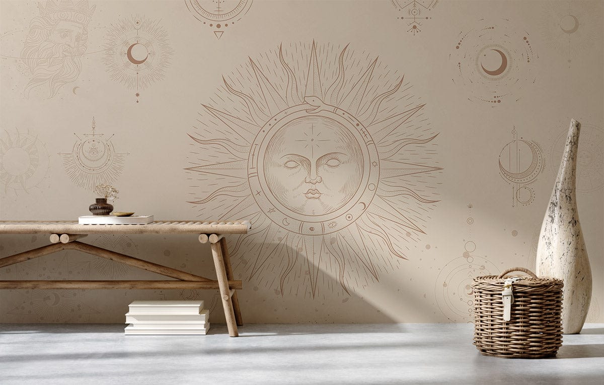 Peinture murale astrologie Soleil et Lune pour décoration murale bohème, papier peint mural astrologie
