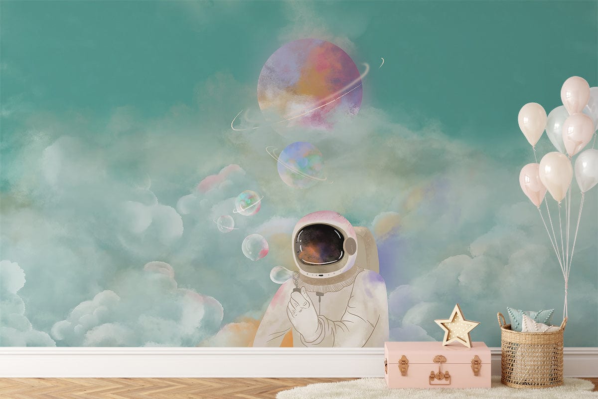 Peint mural astronaute en balade avec nuages et planètes colorées pour décoration intérieure