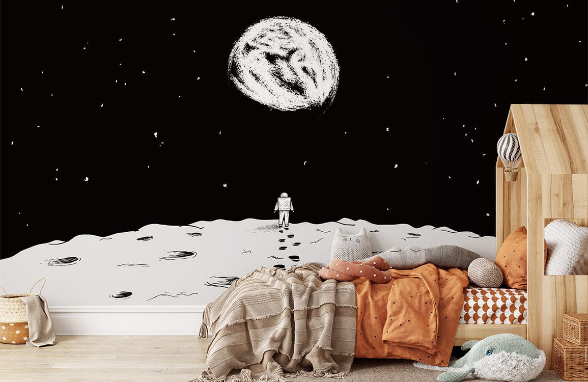 Papier peint mural Atterrissage sur la Lune dans une chambre d’enfant avec lit en bois