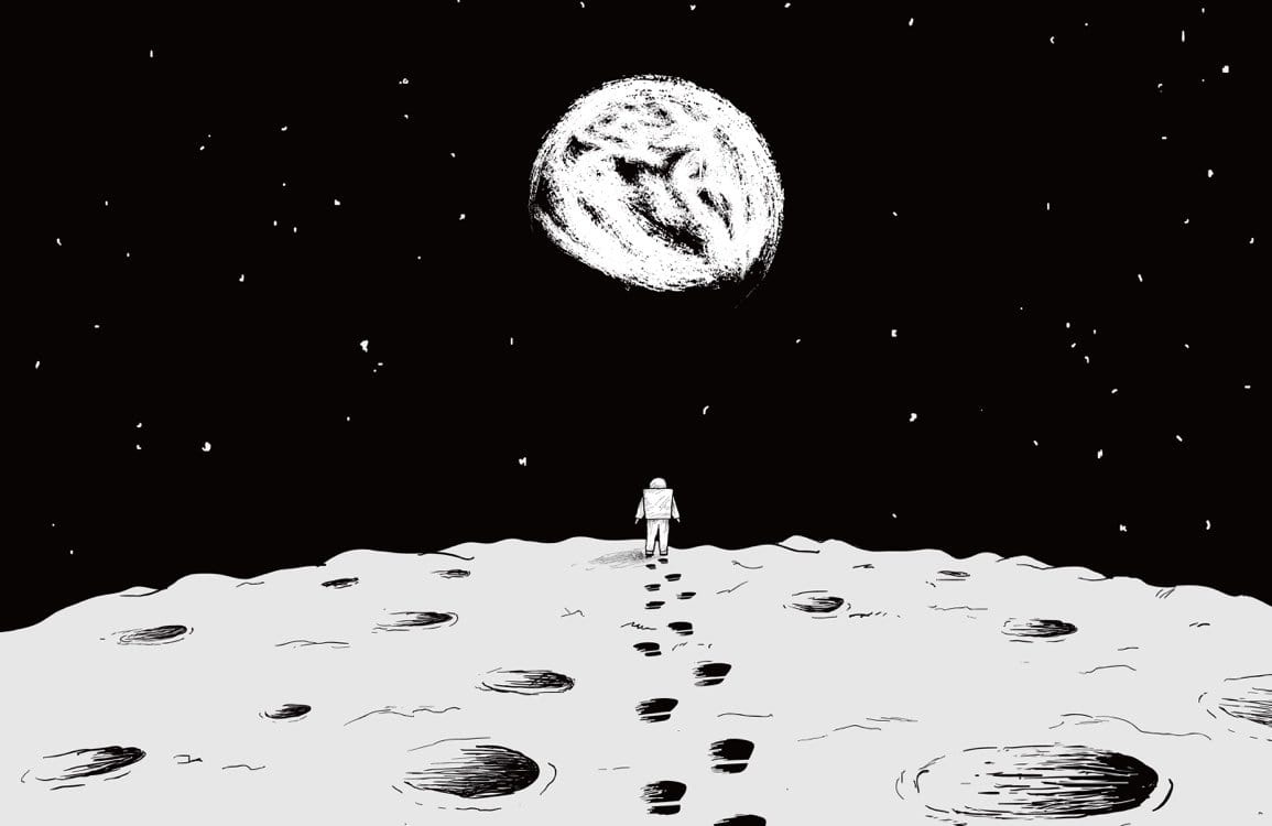 Papier peint mural atterrissage sur la Lune avec astronaute marchant sur un corps céleste
