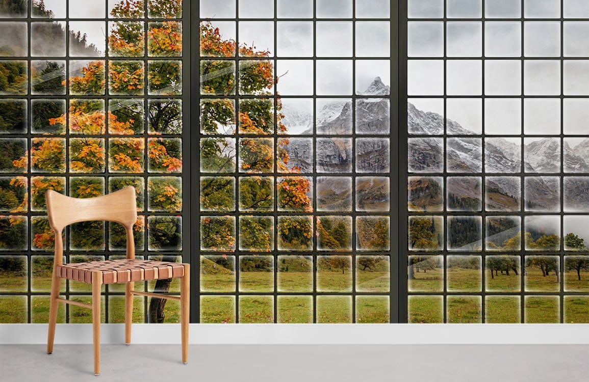 Papier peint mural automnal avec arbres et montagnes - Le meilleur Papier peint panoramique Sur mesure