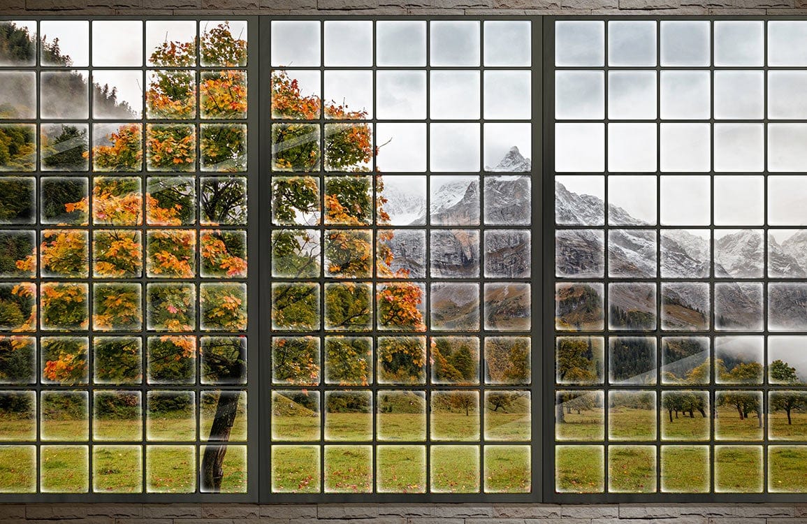 Papier peint mural automnal avec arbres et montagnes - Le meilleur Papier peint panoramique Sur mesure