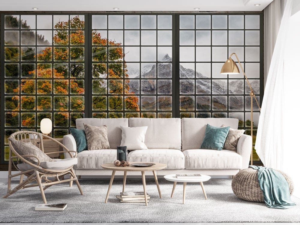 Papier peint mural automnal avec arbres et montagnes - Le meilleur Papier peint panoramique Sur mesure