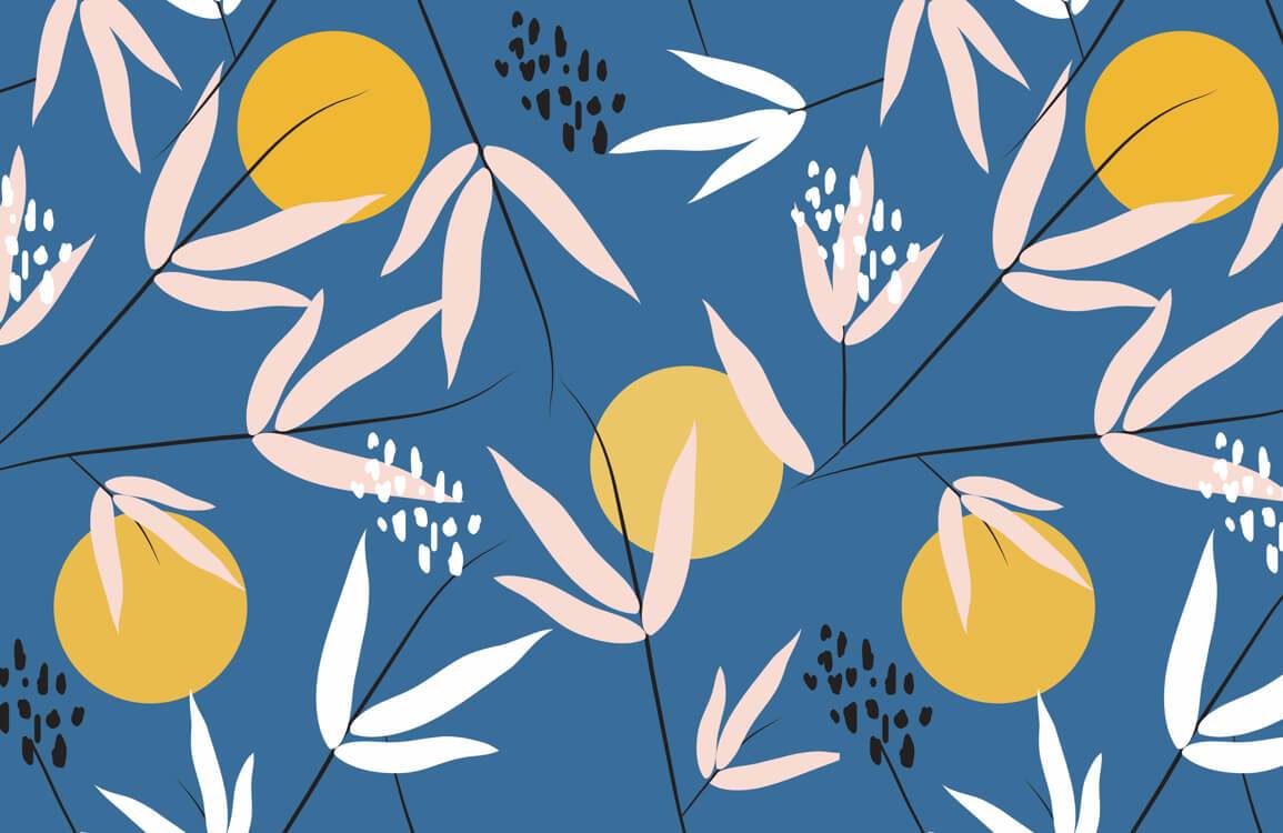 Papier peint mural avec motifs de feuilles pâles, formes abstraites et balles jaunes éclatantes sur fond bleu