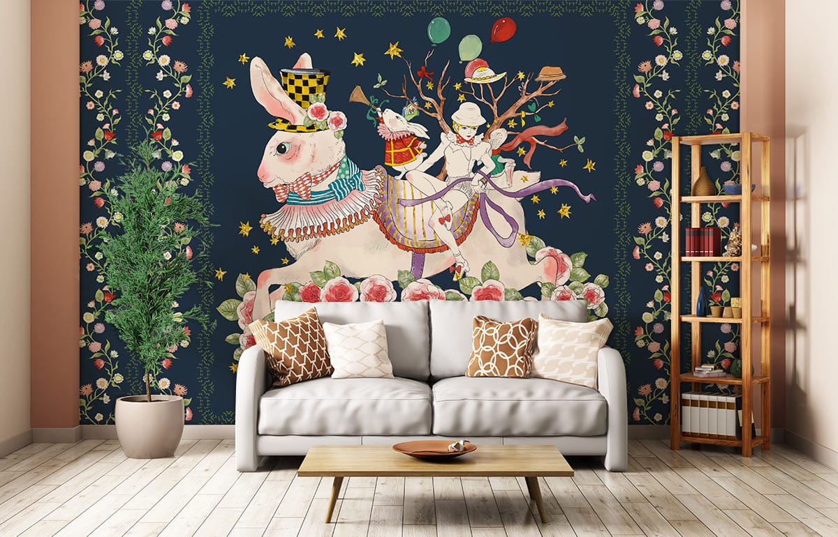 Papier peint mural avec des lapins des fleurs et une fille - Le meilleur Papier peint panoramique Sur mesure