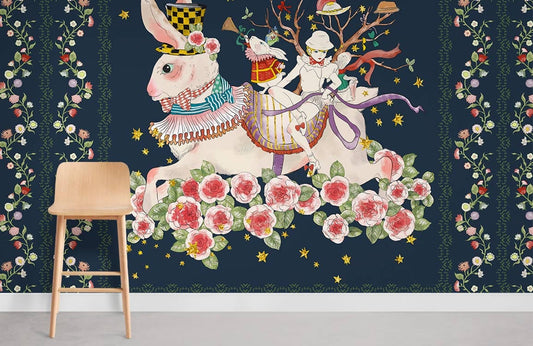 Papier peint mural avec des lapins des fleurs et une fille - Le meilleur Papier peint panoramique Sur mesure