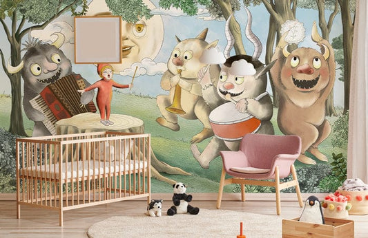 Papier peint mural avec des monstres musiciens, peinture panoramique pour décoration personnalisée