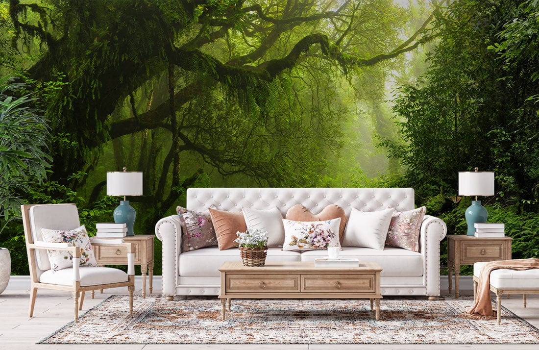 Sofa blanc tufté avec coussins, idéal pour décor personnalisé avec papier peint mural forêt