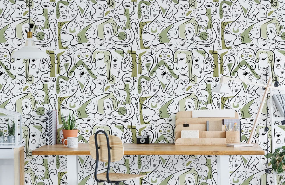 Papier peint mural aux faces vertes, design abstrait fascinant sur fond blanc