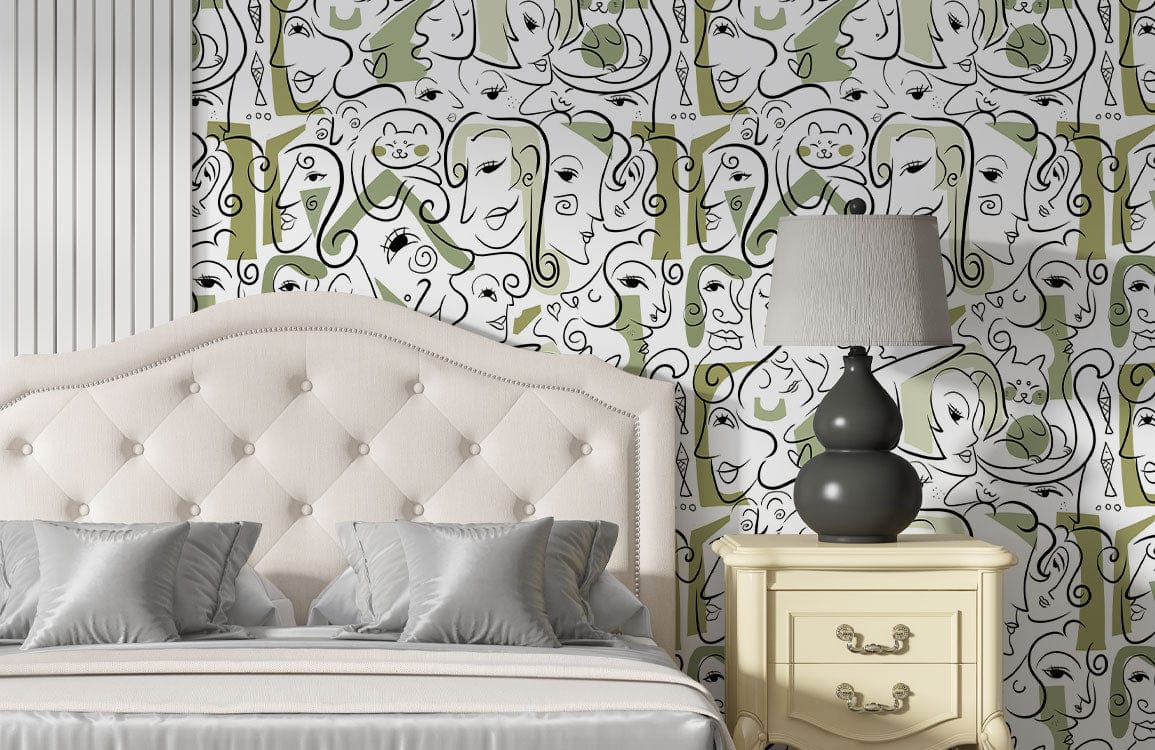 Tête de lit en tissu crème avec capitons, parfait pour un mural aux fascinantes faces vertes