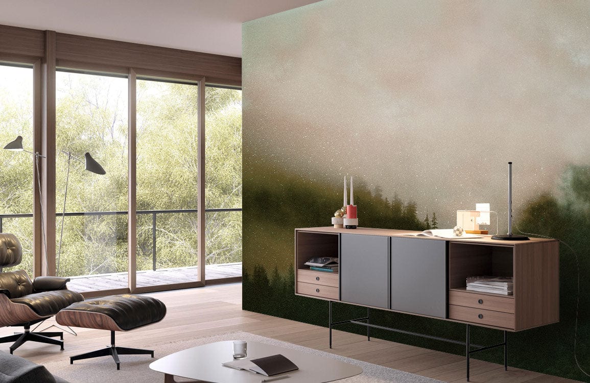 Papier peint mural panoramique avec brouillard s’infiltrant dans la forêt pour décoration personnalisée
